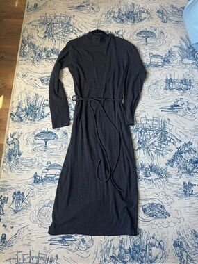 Vince Black Long-Sleeve Knit Midi Dress with Waist Tie